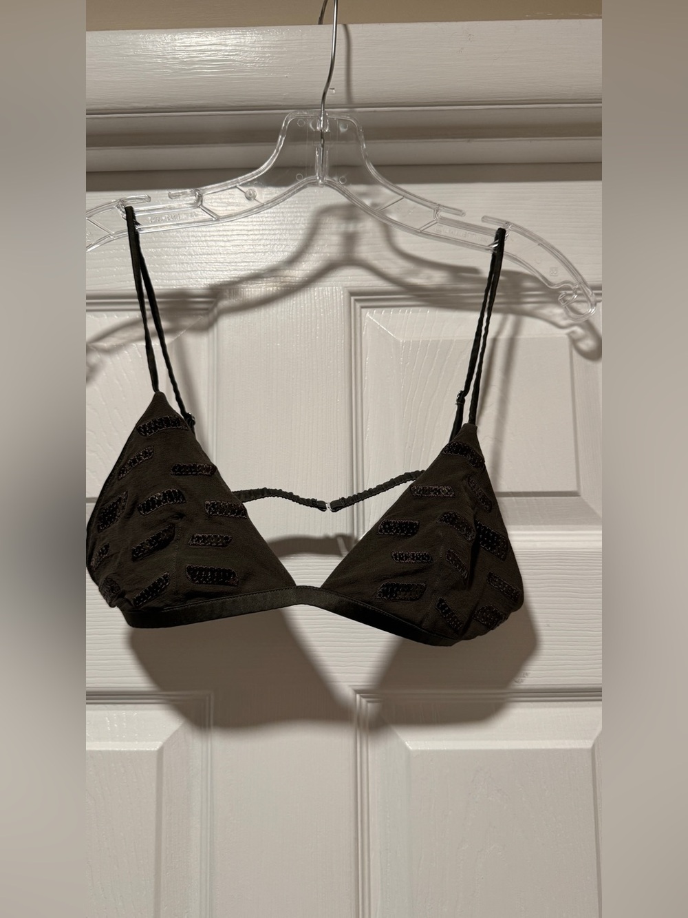 FLEUR DU MAL | PERFECT condition army green silk triangle bra + sequins MEDIUM